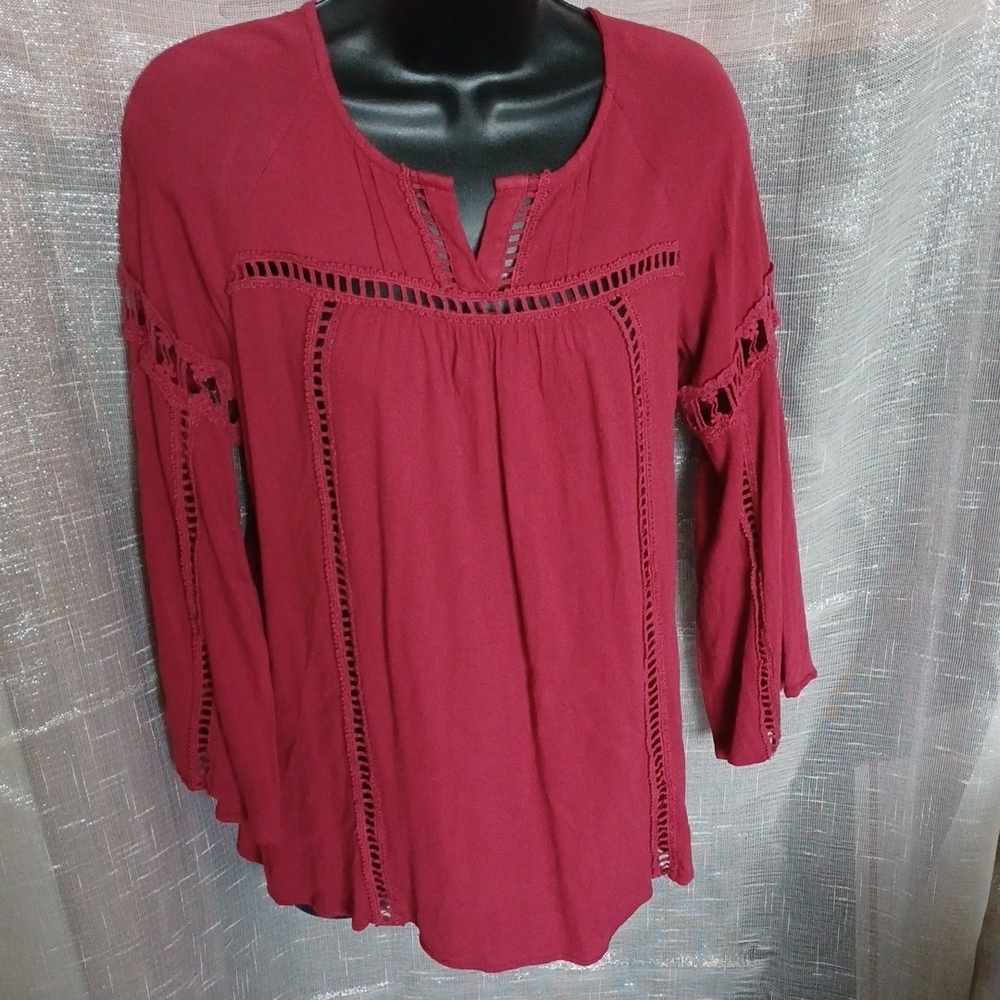 Imaginary Voyage Red Long Flare Bell Sleeve Boho Hippie Blouse, M